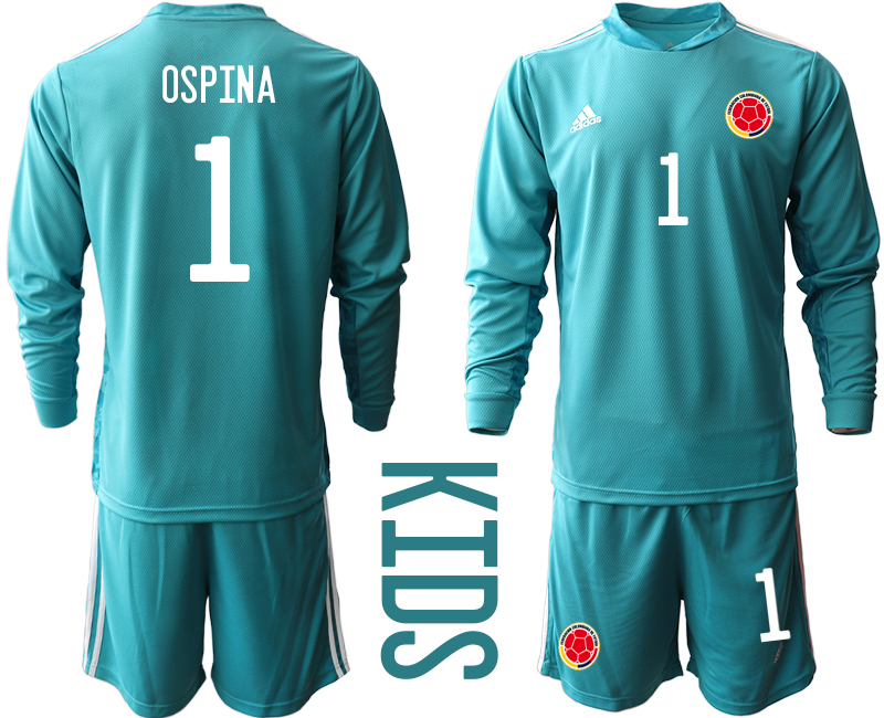 Youth 2020-2021 Season National team Colombia goalkeeper Long sleeve blue #1 Soccer Jersey